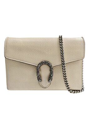 Gucci White Pebbled Leather Dionysus Shoulder Bag with Silver Chain